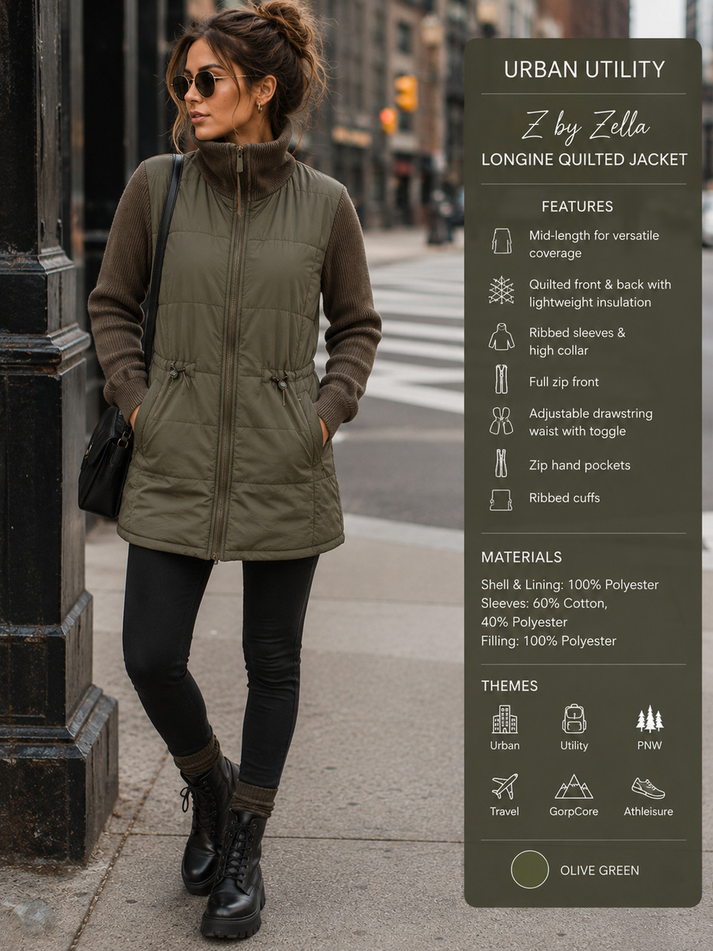 Z by Zella Women's Longline Quilted Jacket Olive Green Mixed Media Full Zip SzM